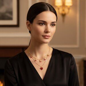 DOUBLE LAYERED CHERRY CHARM & HEART NECKLACE - GOLD